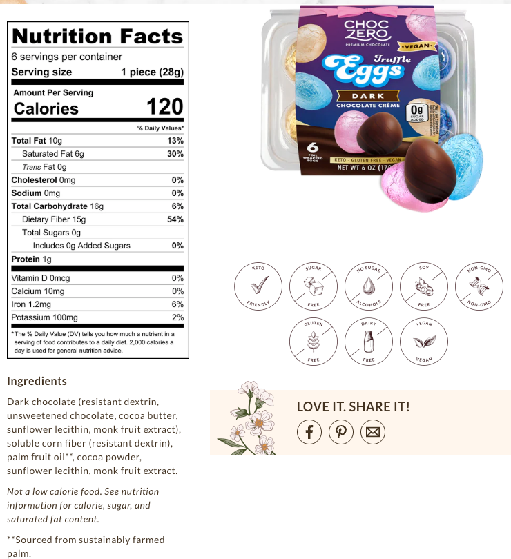 ChocZero Keto Creme Eggs — Sugar Free Chocolate Truffles (6 eggs)