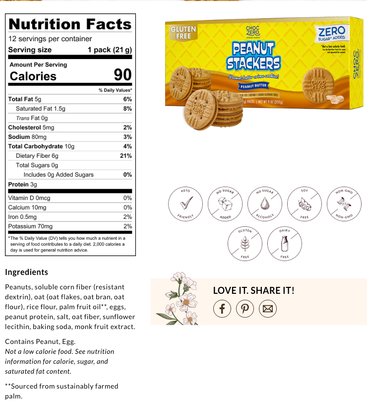 ChocZero Peanut Stackers — GF Keto Peanut Butter Cookies (12 packs of 2 cookies)