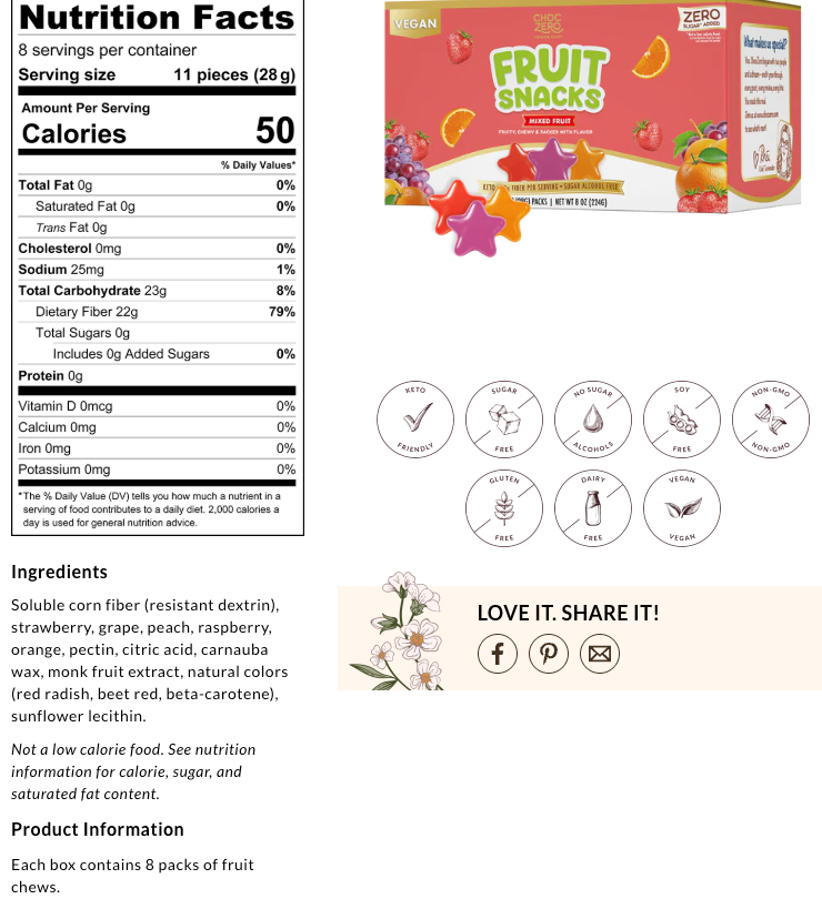 ChocZero Keto Fruit Snacks — Sugar Free Vegan Gummies (Box of 8 bags)