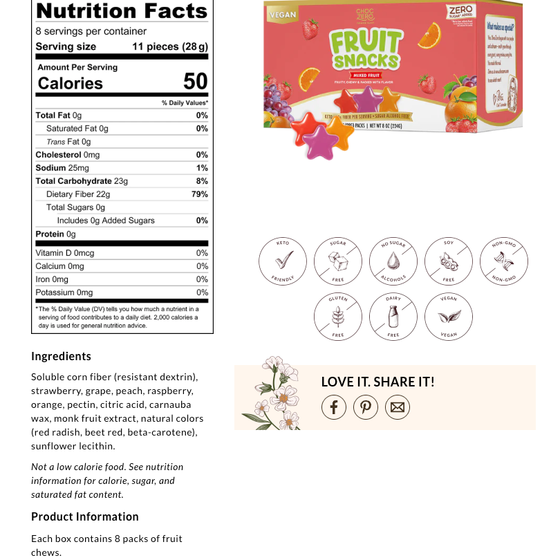 ChocZero Keto Fruit Snacks — Sugar Free Vegan Gummies (Box of 8 bags)