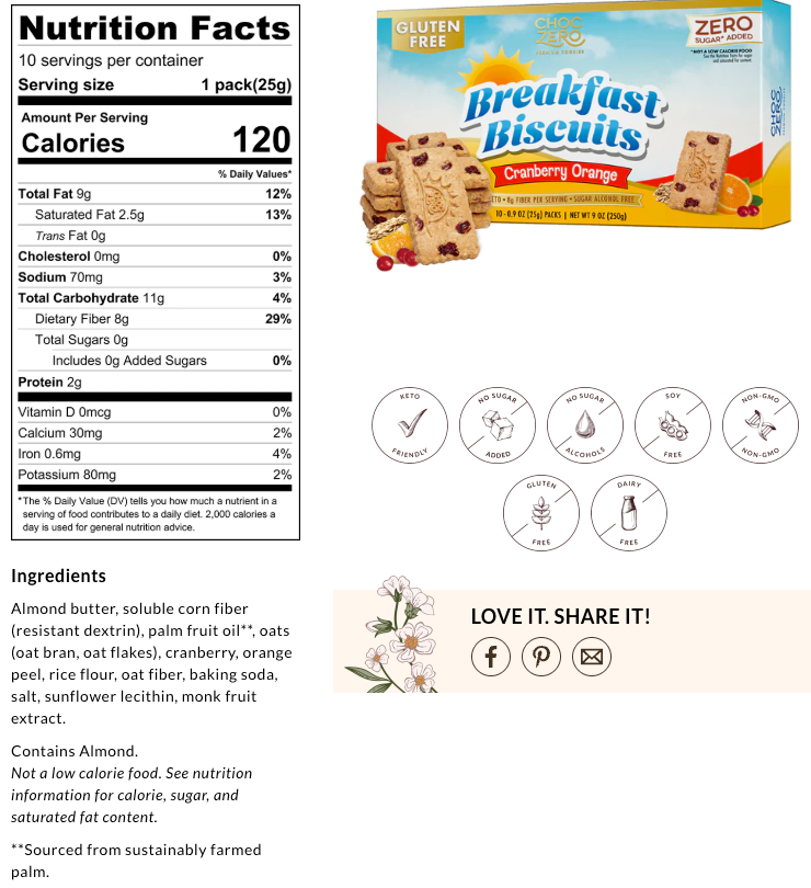 ChocZero GF Keto Breakfast Cookies (1 Box of 30 cookies)