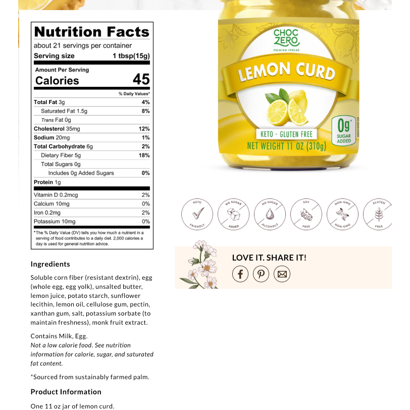 ChocZero Keto Spread Nutrition Facts label — 45 cal, 6g carbs