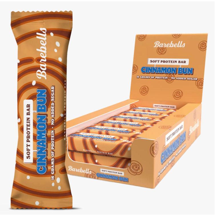 Barebells Protein Bar (Box of 12) — Cinnamon Bun Soft Bar beside box of 12