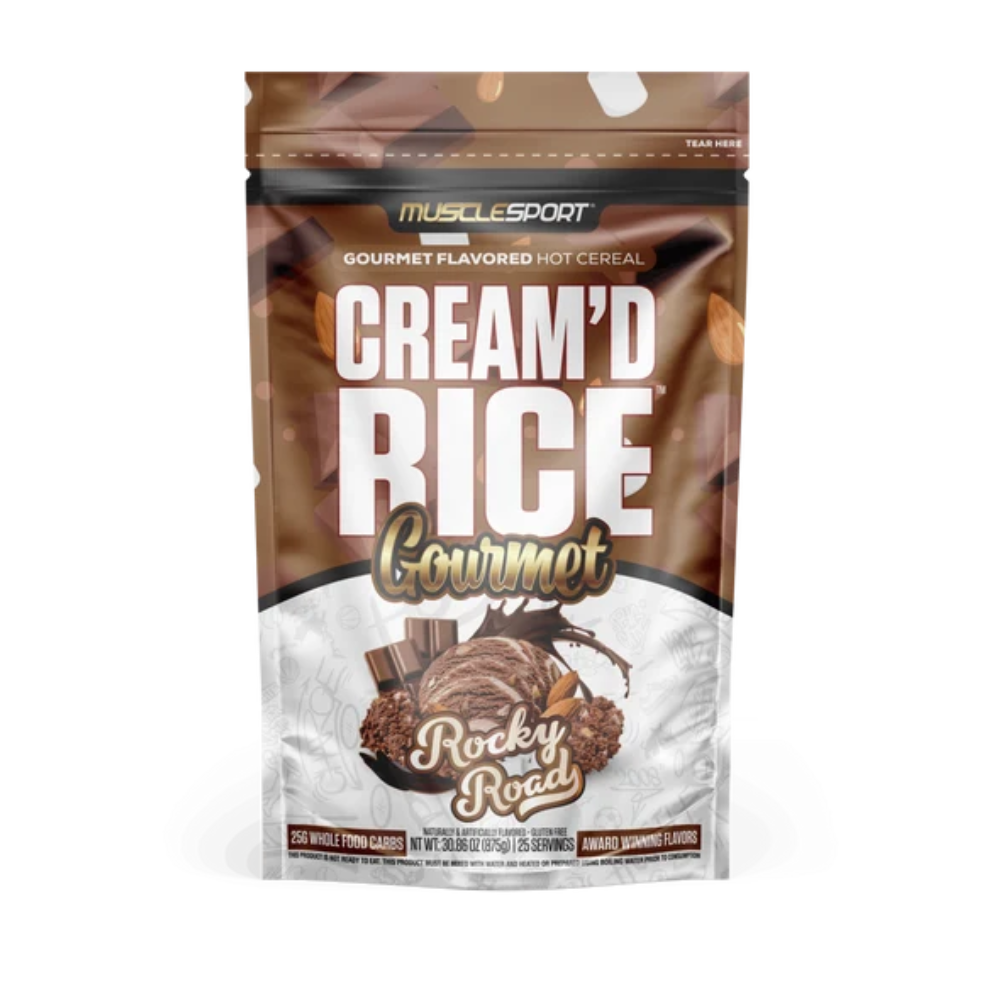 MuscleSport Cream'd Rice Rocky Road hot cereal pouch, chocolate almond marshmallow flavour, 25 servings