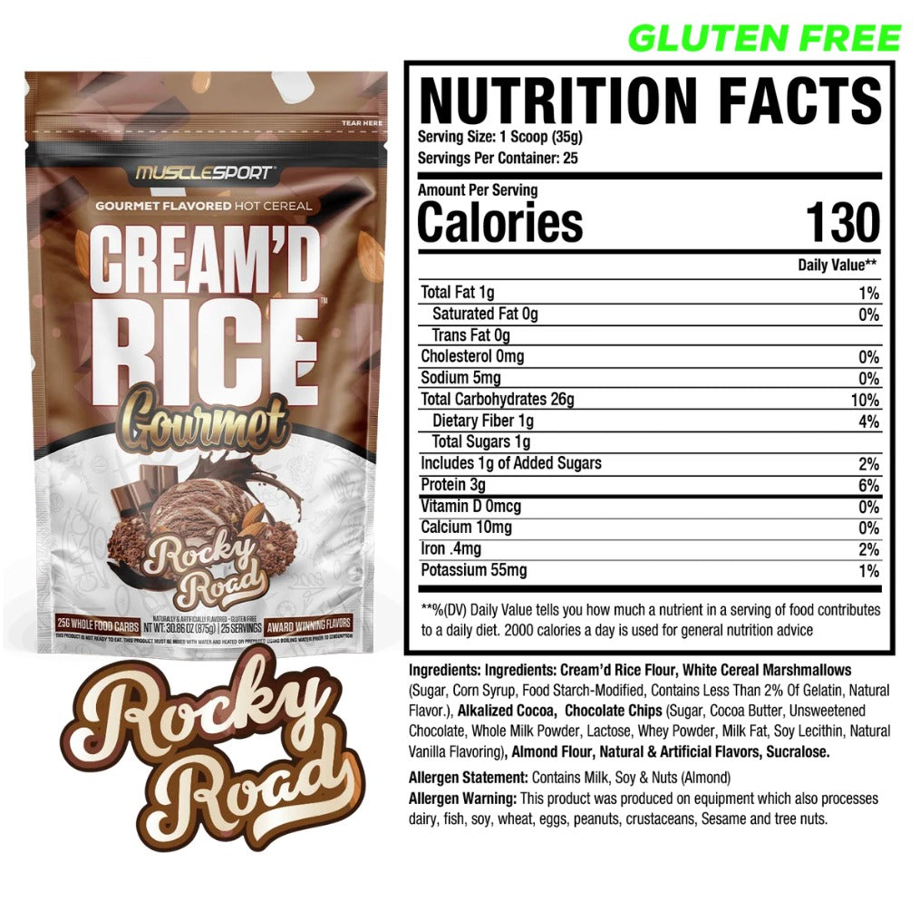 Nutrition Facts panel for MuscleSport Cream'd Rice Rocky Road hot cereal, 130 calories, gluten-free