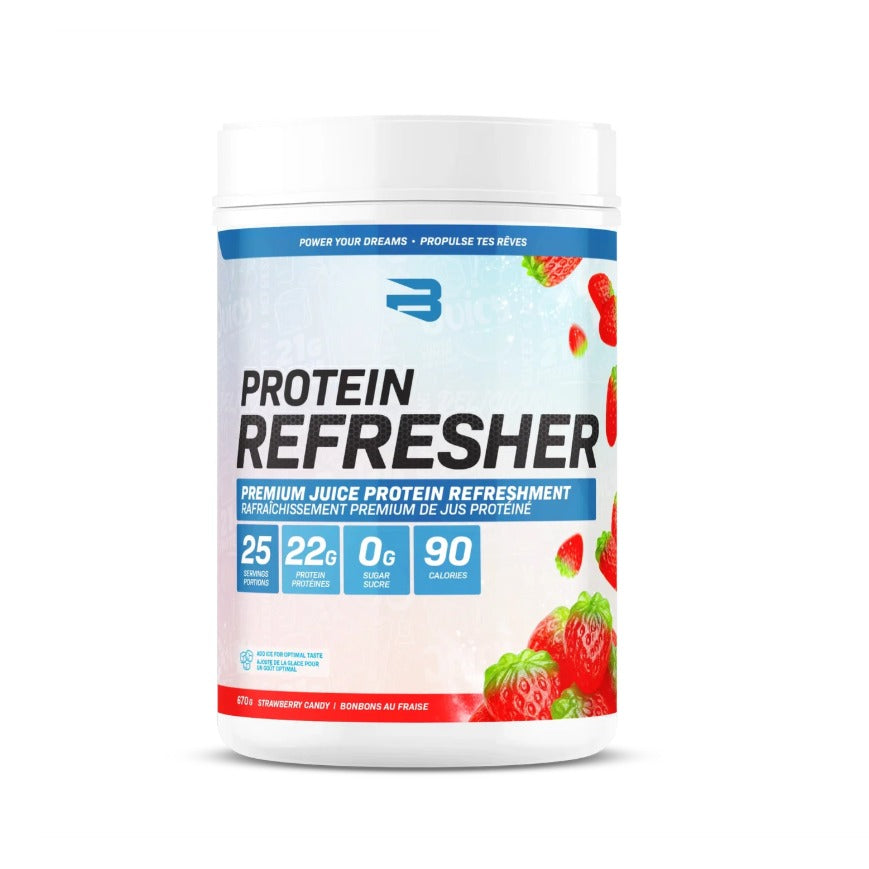 Believe Protein Refresher clear juice whey isolate tub — Strawberry Candy, 22g protein, 0g sugar, 90 cal