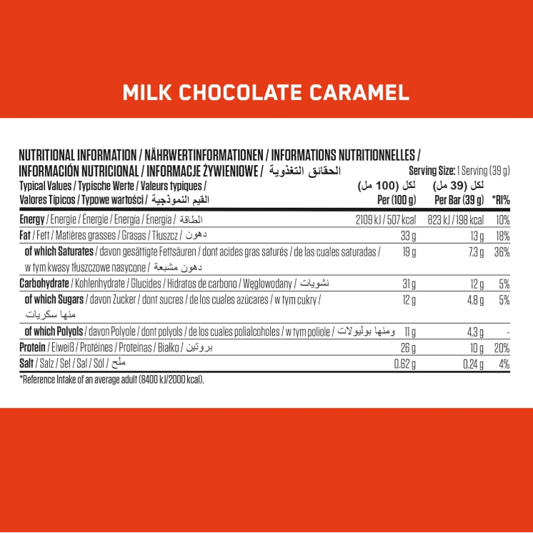 Applied Nutrition Protein Wafer Milk Chocolate Caramel Nutrition Facts panel — 10g protein per 39g bar