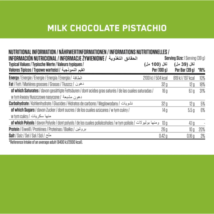Applied Nutrition Protein Wafer Milk Chocolate Pistachio Nutrition Facts panel — 10g protein per 39g bar