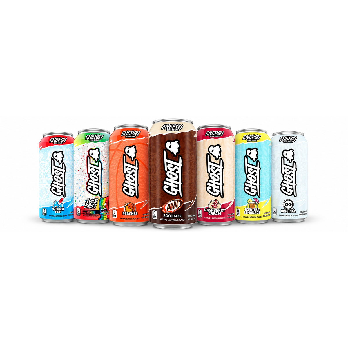 GHOST Energy USA lineup — seven zero-sugar 473ml cans incl. A&W Root Beer, Raspberry Cream, Peaches, Merica Pop & OG