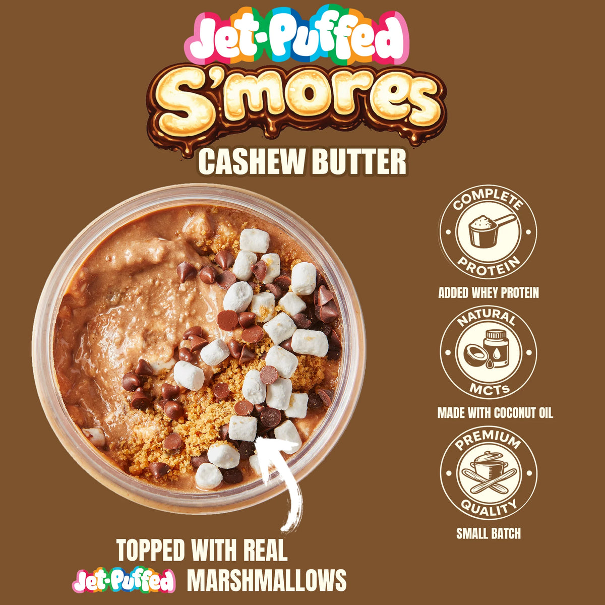 Fit Butter JET-PUFFED S'mores peanut butter topped with real marshmallows, chocolate chips and graham