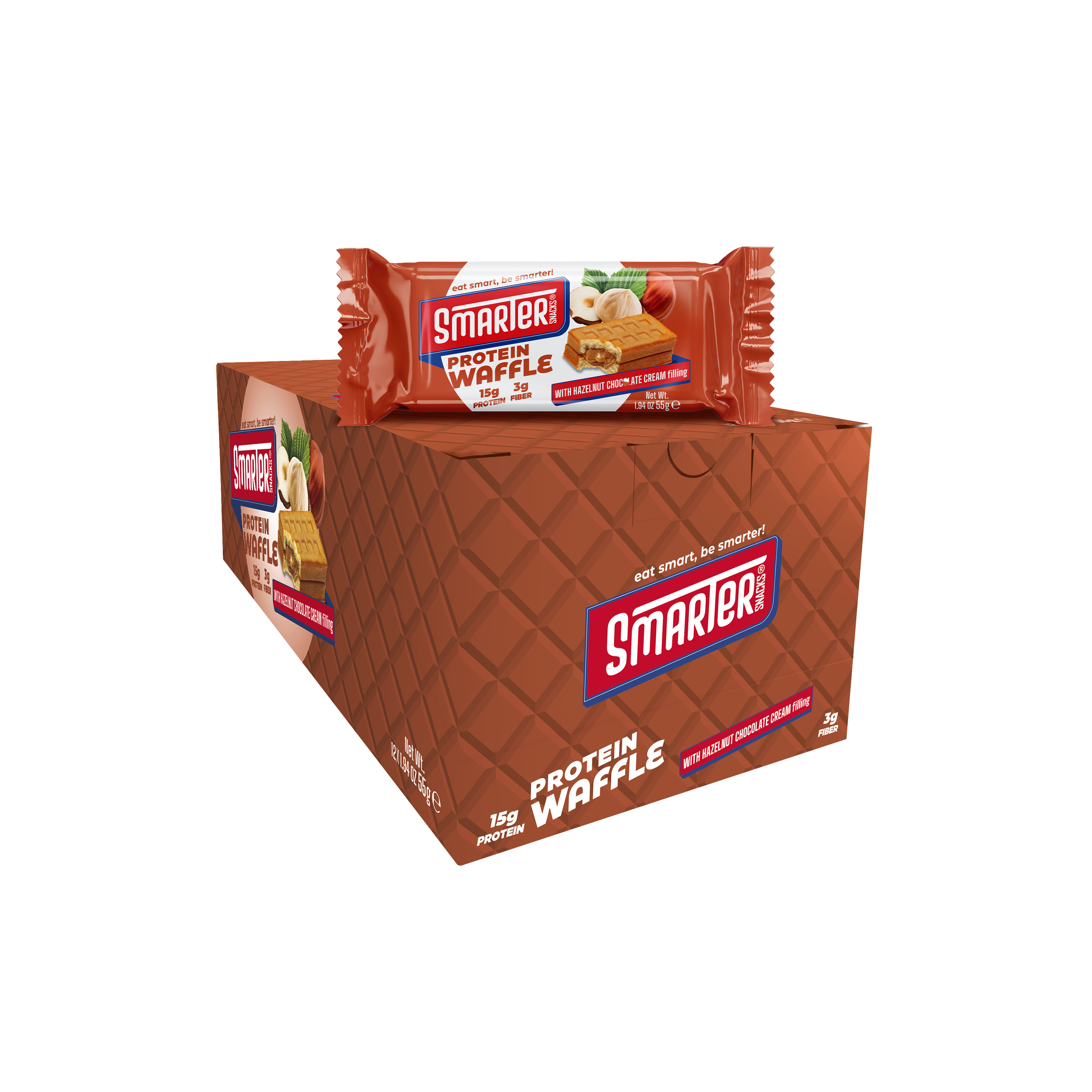 Smarter Snacks Protein Waffle Hazelnut Chocolate Cream box of 12 waffles, 15g protein each