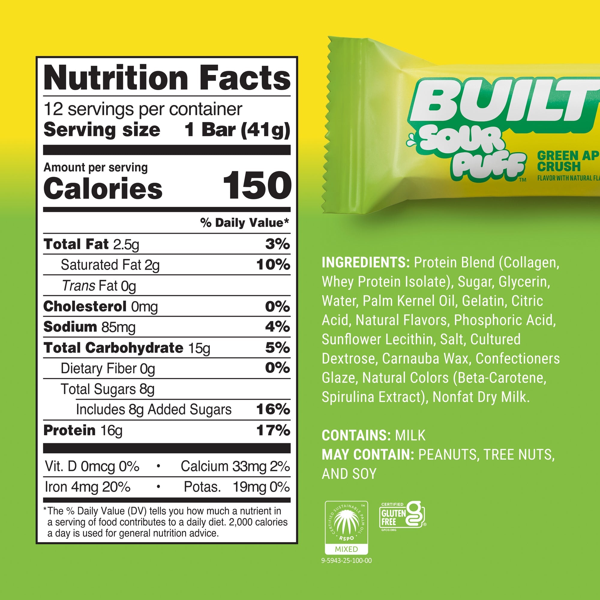 Built Protein Bars & Puffs Green Apple Crush Sour Puff Nutrition Facts panel — 150 cal, 16g protein, 8g sugar