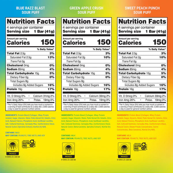 Built Sour Puffs Nutrition Facts Panel — all 3 flavors, 150 cal 16g protein per bar