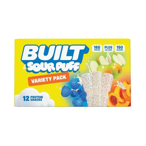 Built Sour Puffs Variety Pack 12 bars — box back showing macros