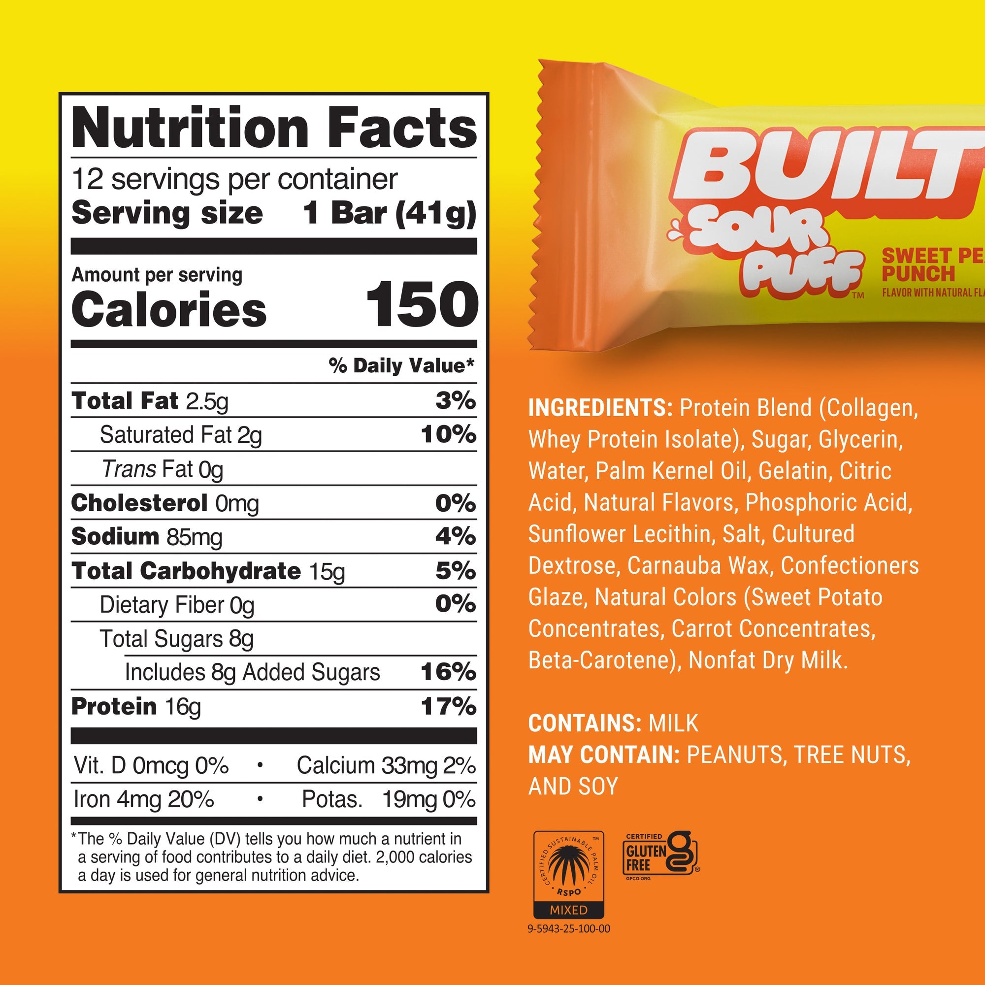 Built Protein Bars & Puffs Sweet Peach Punch Sour Puff Nutrition Facts panel — 150 cal, 16g protein