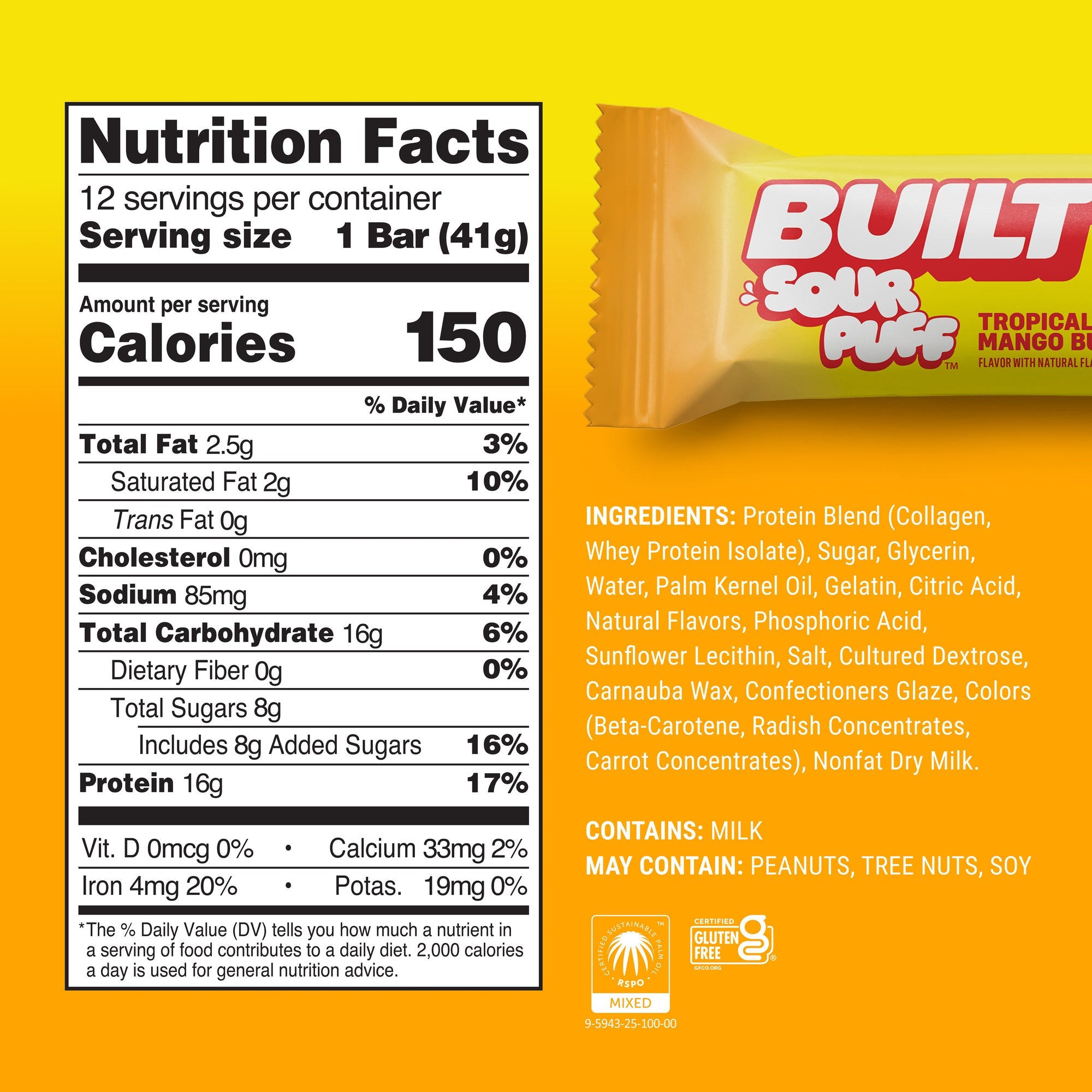 Built Protein Bars & Puffs Tropical Mango Burst Sour Puff Nutrition Facts panel — 150 cal, 16g protein