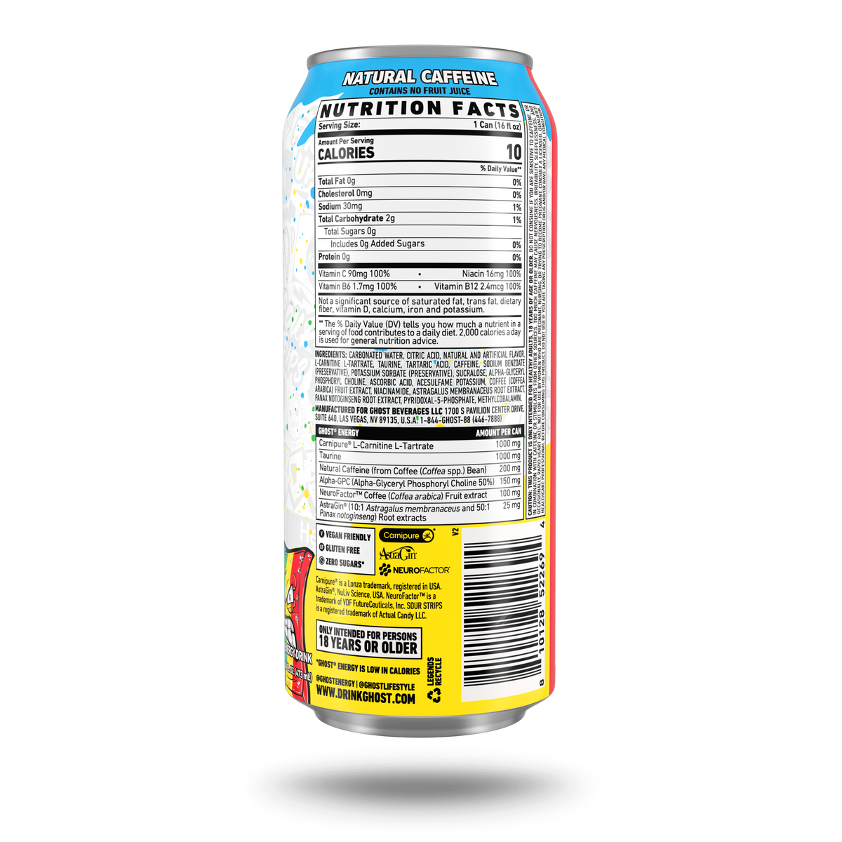GHOST Energy USA Sour Strips Rainbow — Nutrition Facts label, 16 fl oz can, 200mg natural caffeine