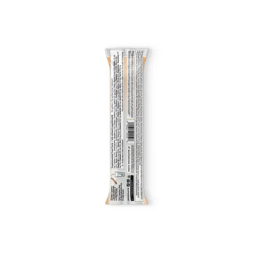 Supplemented Food Facts on the back of SIIP Fresh Peach hydration drink stick, 8g single-serve sachet