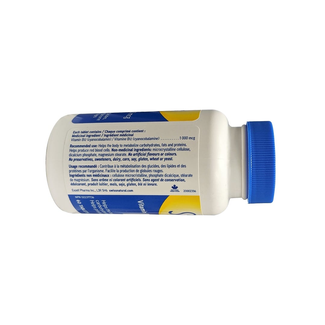 SWISS Natural Vitamin B12 1000 mcg (60 tablets) — Supplement Facts and uses panel
