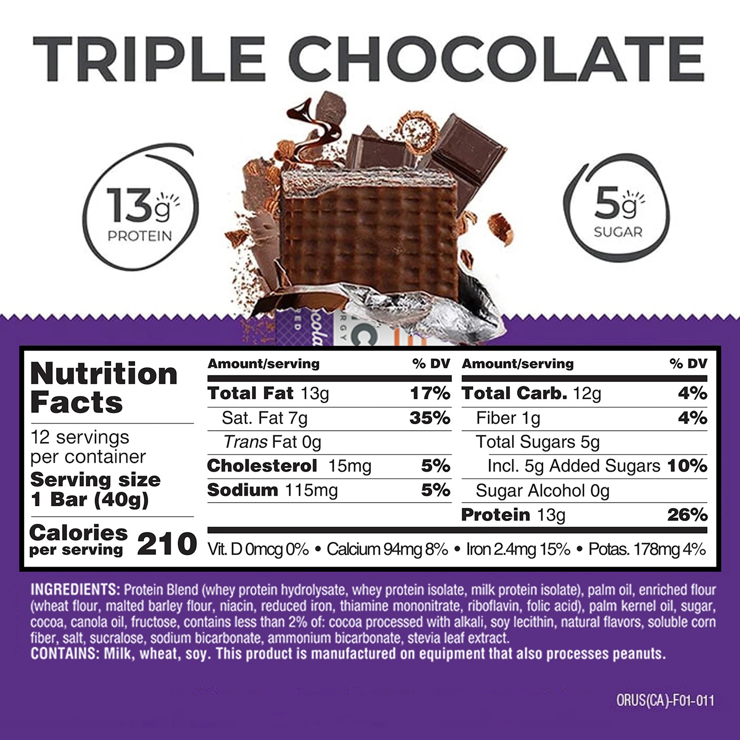 Power Crunch Protein Bar Triple Chocolate Nutrition Facts label — 13g protein, 5g sugar per bar
