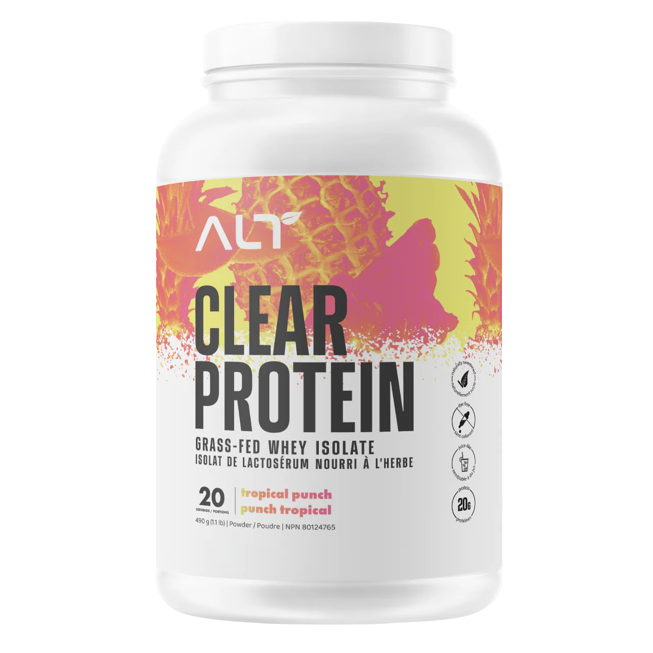 ALT Clear Protein Grass Fed Whey Isolate Tropical Punch — front of 20-serving tub, 20g protein