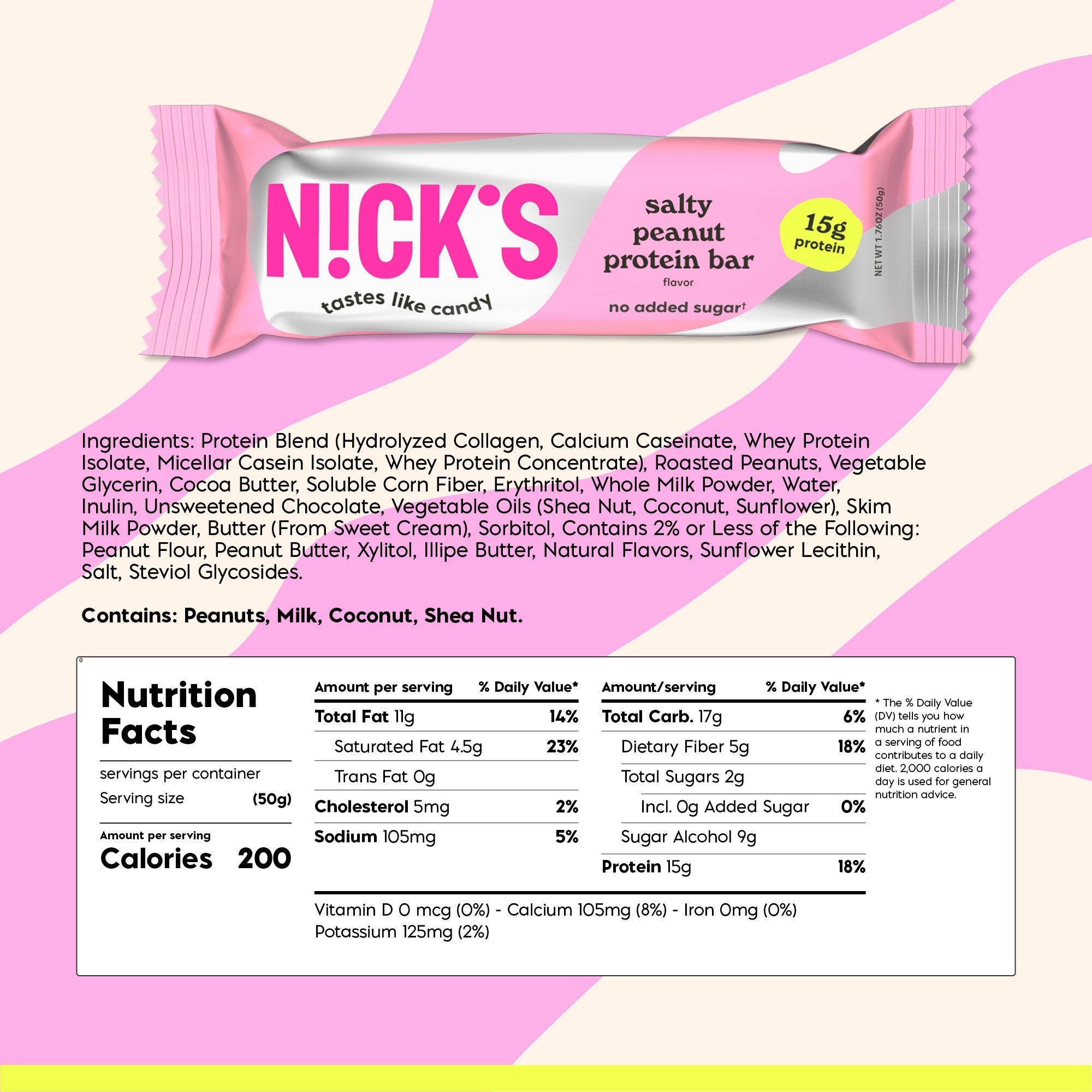 SNCK Keto Protein Bar Nutrition Facts panel — 15g protein, no added sugar per bar