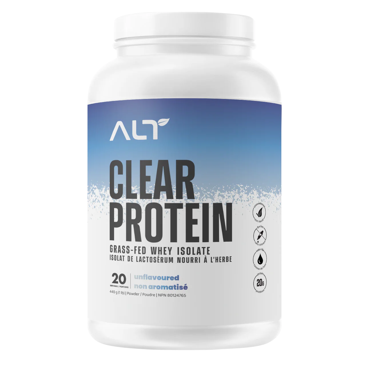 ALT Clear Protein Grass Fed Whey Isolate Unflavored — front of 20-serving tub, 20g protein