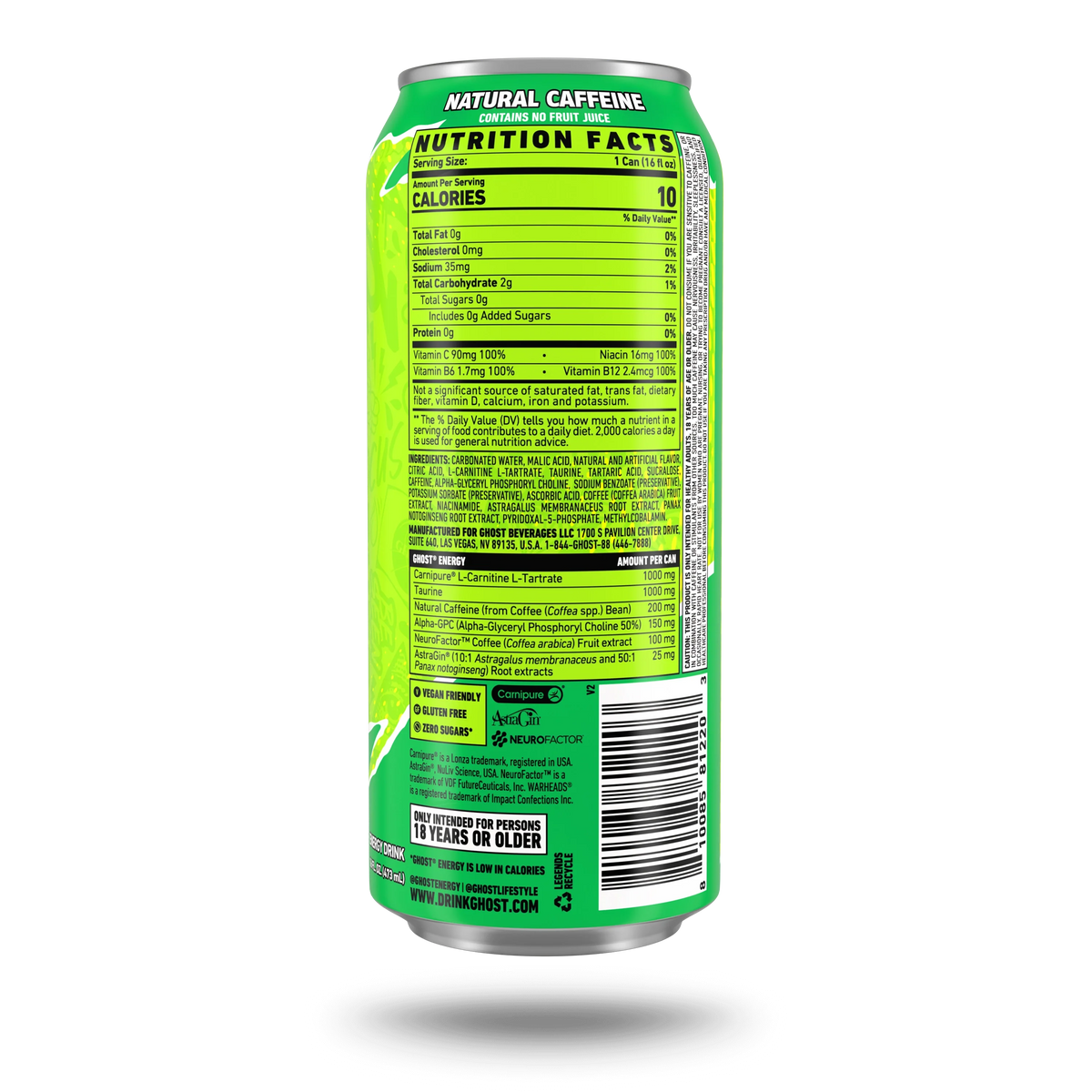 GHOST Energy USA Warheads Sour Green Apple — Nutrition Facts label, 16 fl oz can, 200mg natural caffeine