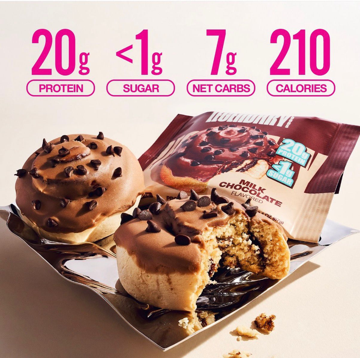 Stacked chocolate Legendary Protein Sweet Rolls with 20g protein, under 1g sugar and 210 calories