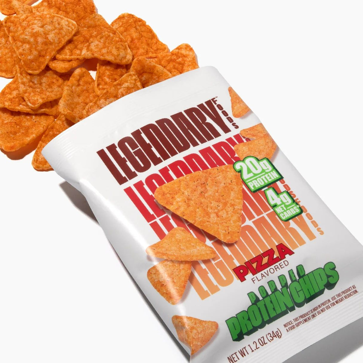 Legendary Foods Pizza Popped Protein Chips red bag tilted with chips spilling out, 20g protein