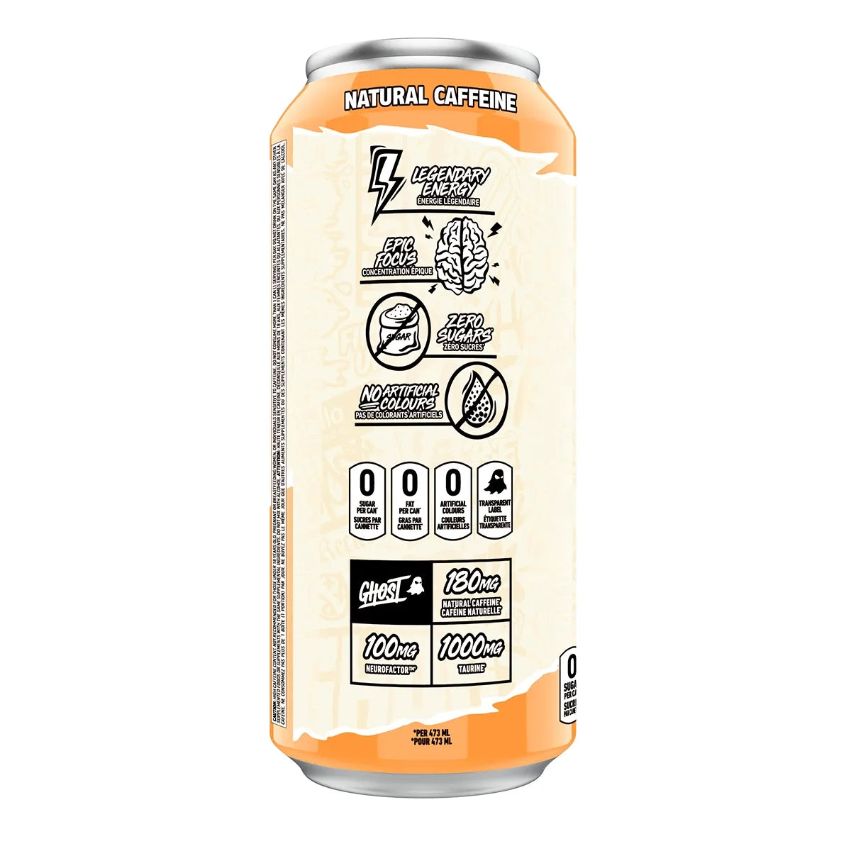 GHOST Energy Drink Orange Cream can, side panel with natural caffeine, carnitine and zero sugar