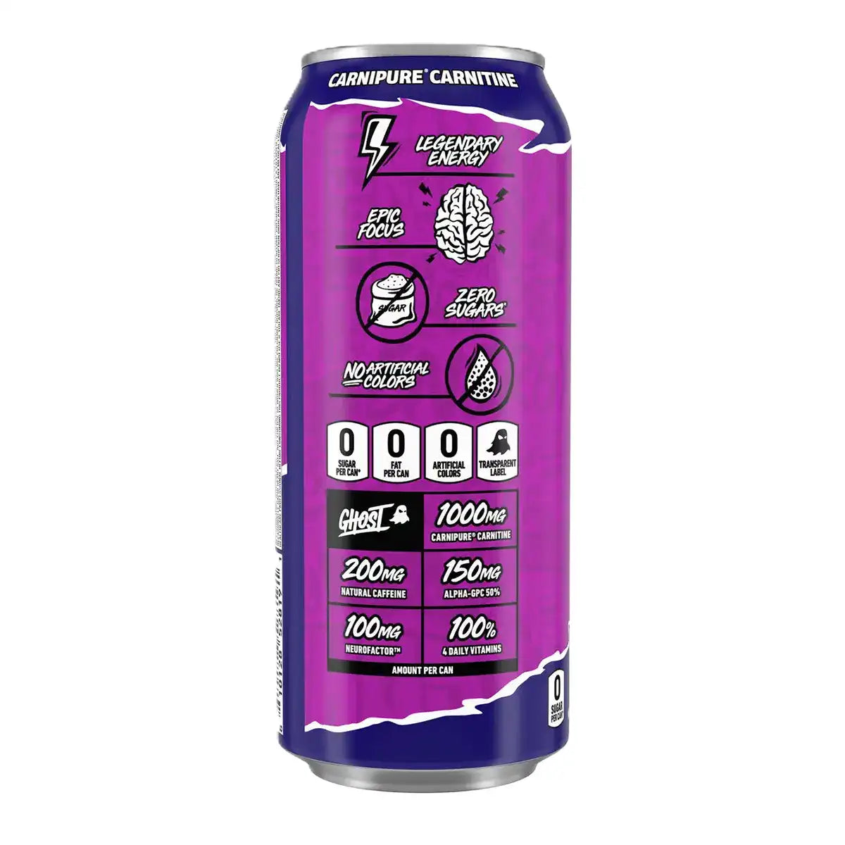 GHOST Energy Drink Welch's Grape can, side panel with natural caffeine, carnitine and zero sugar