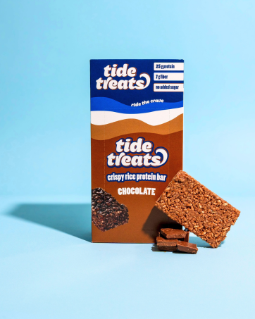 Tide Treats Chocolate Crispy Rice Protein Bar — box and unwrapped bar with chocolate pieces, gluten-free snack