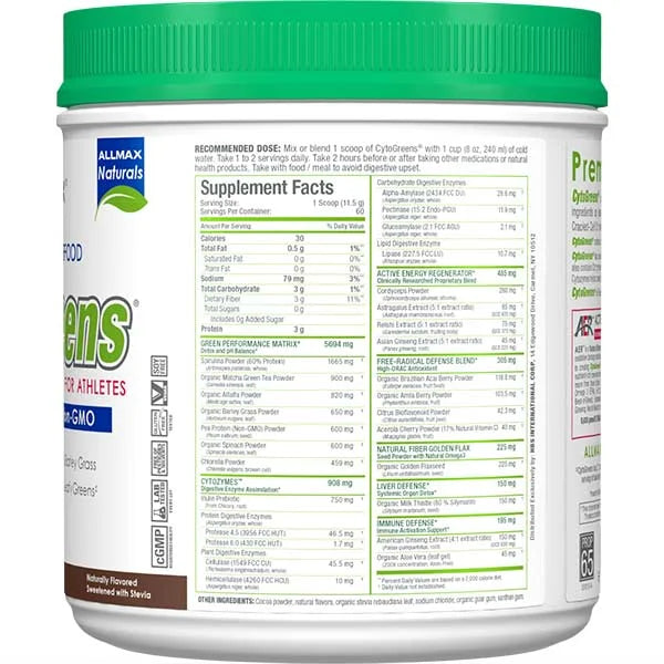 Allmax Nutrition CytoGreens Nutrition Facts label