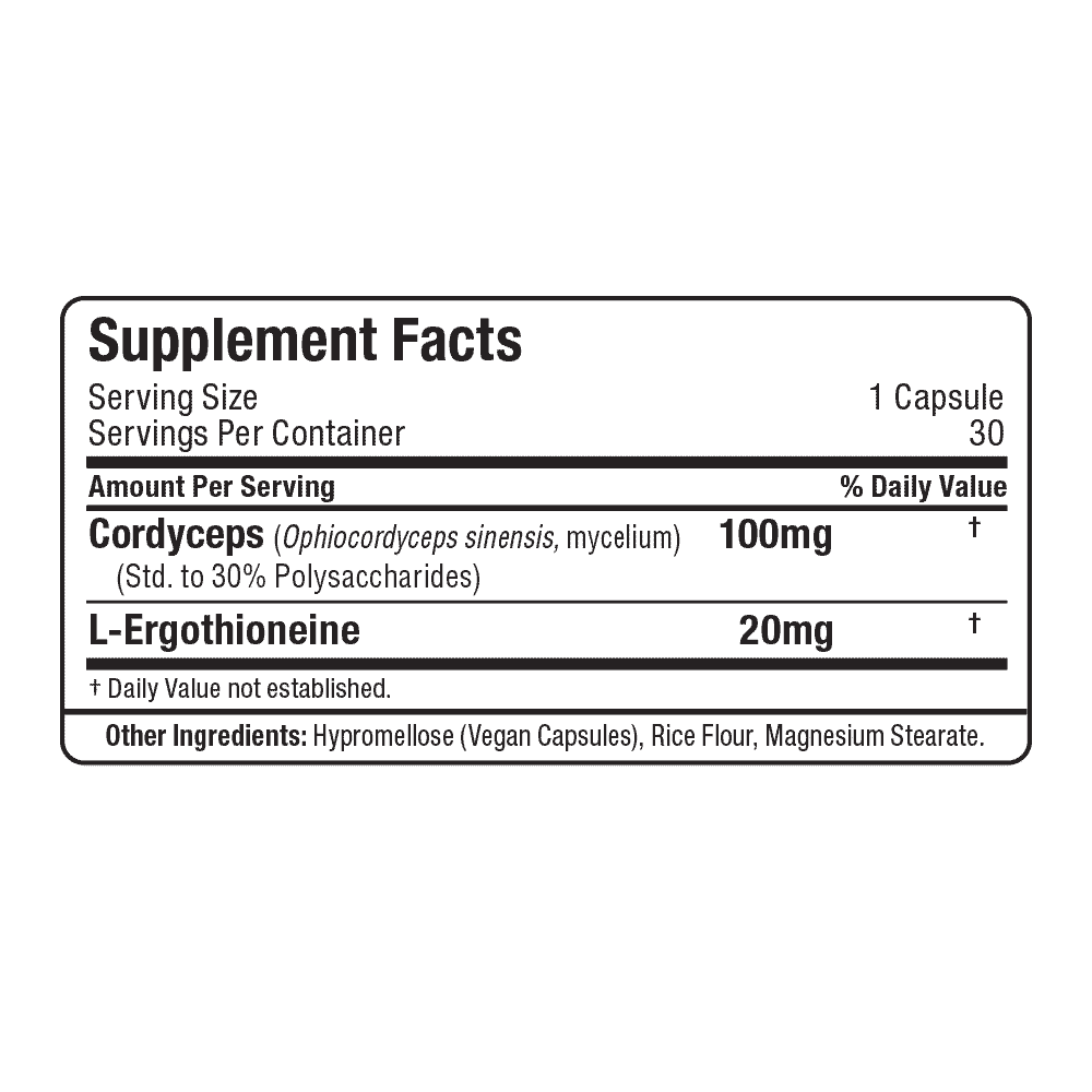 Allmax EGT20+ Supplement Facts panel — 100mg Cordyceps + 20mg L-Ergothioneine per capsule