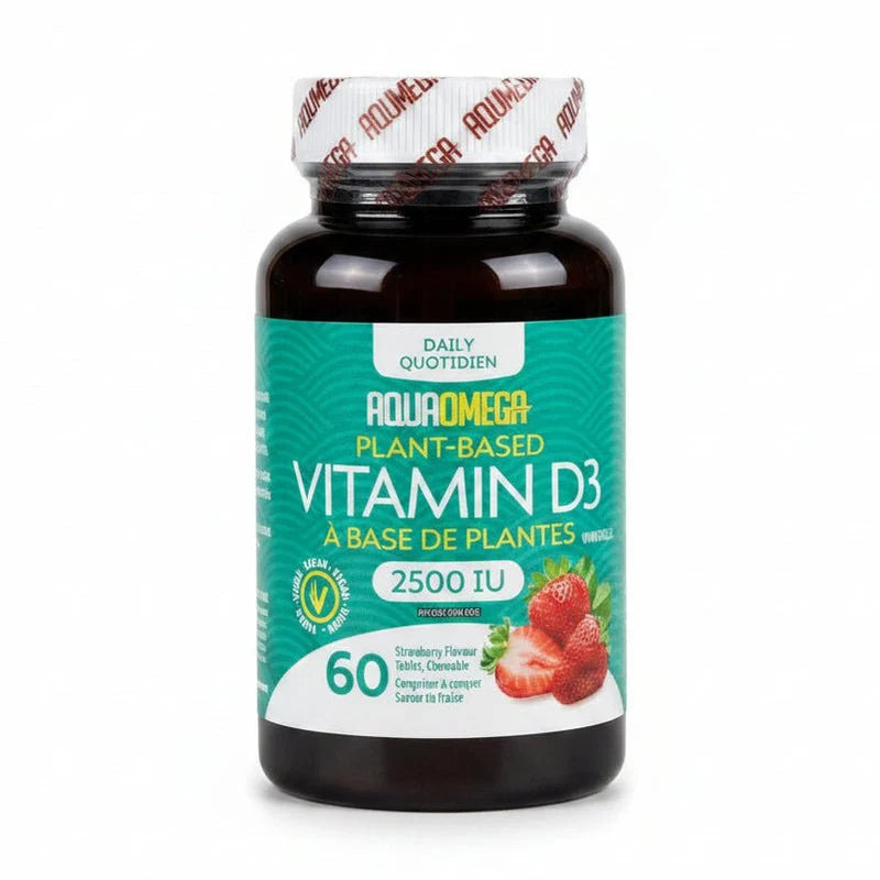 AquaOmega plant-based vegan vitamin D3 strawberry chewable tablets, lichen-sourced