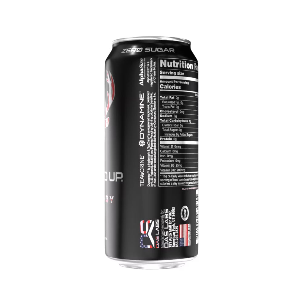 Bucked Up Energy Drink — back of can with Nutrition Facts panel, Teacrine and Dynamine