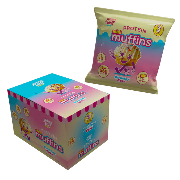 AP Prime Bites Keto GF Mini Protein Muffins (BOX OF 12 PACKS of 3 mini muffins) — Birthday Cake Mini
