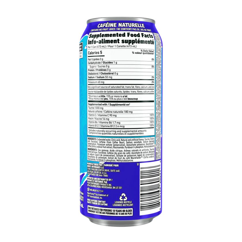 GHOST Energy Drink Blue Raspberry Supplement Facts label — zero sugar, 180mg natural caffeine