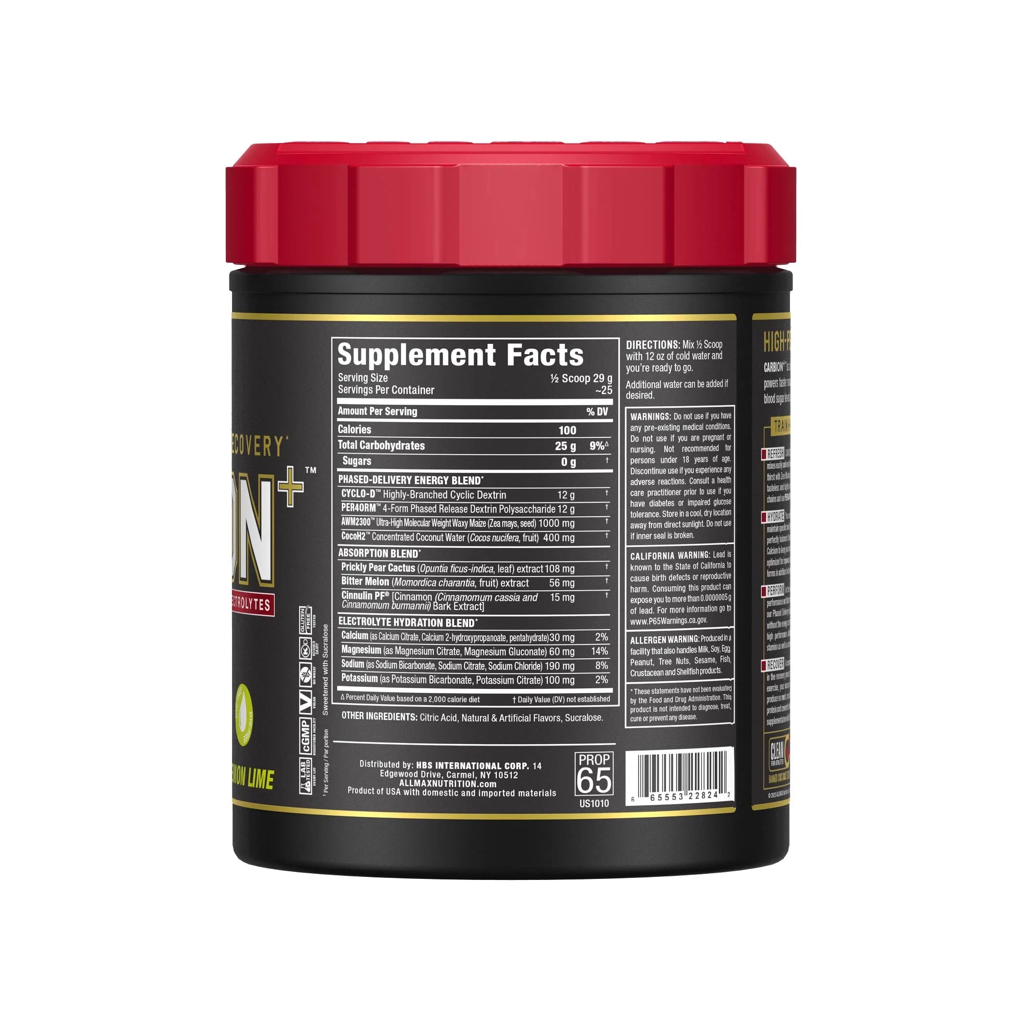 Supplement Facts panel — Allmax CARBION+ Lemon Lime carb & electrolyte hydration powder, 25 servings