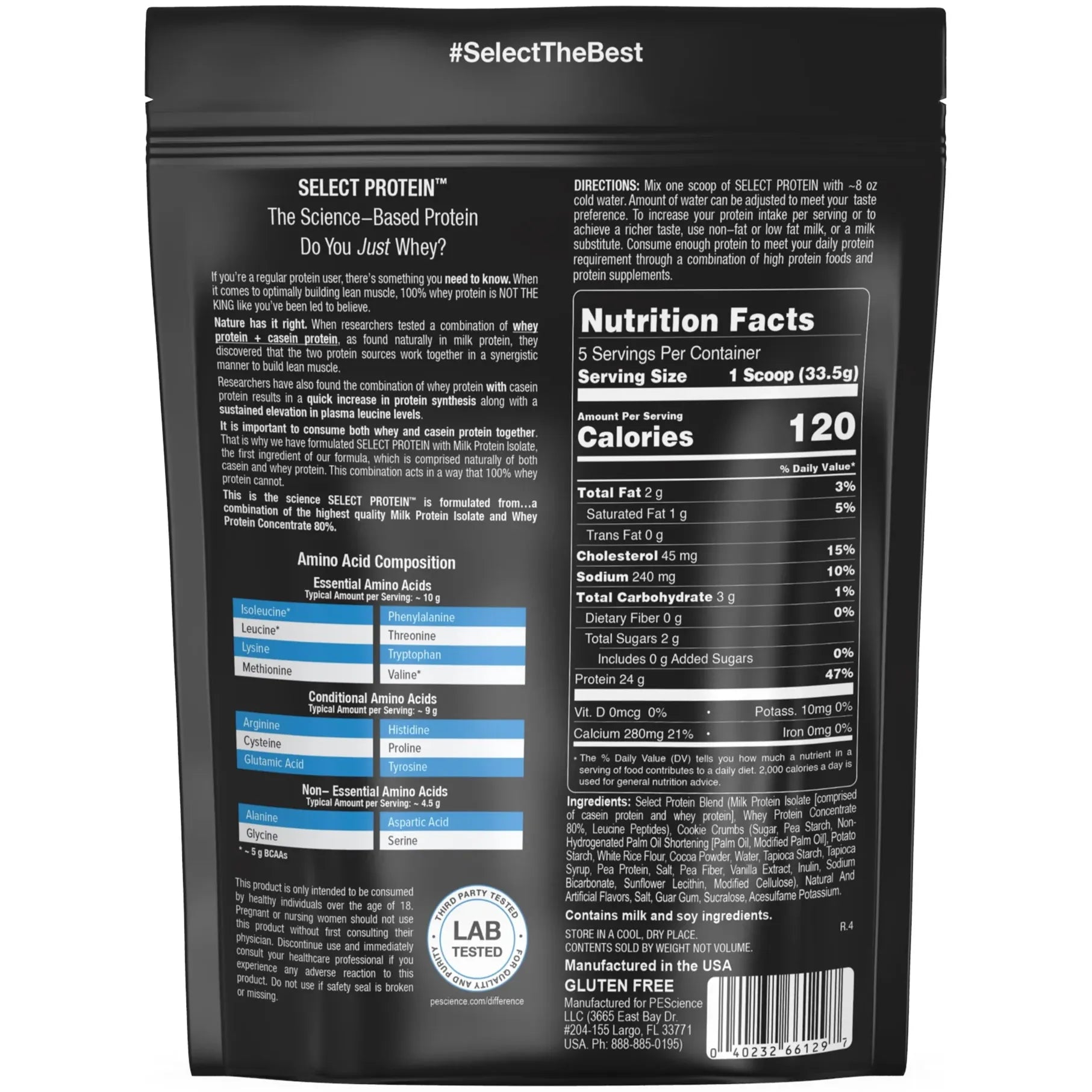 PEScience Select Whey Protein Powder TRIAL SIZE Nutrition Facts label — 120 cal, 24g protein