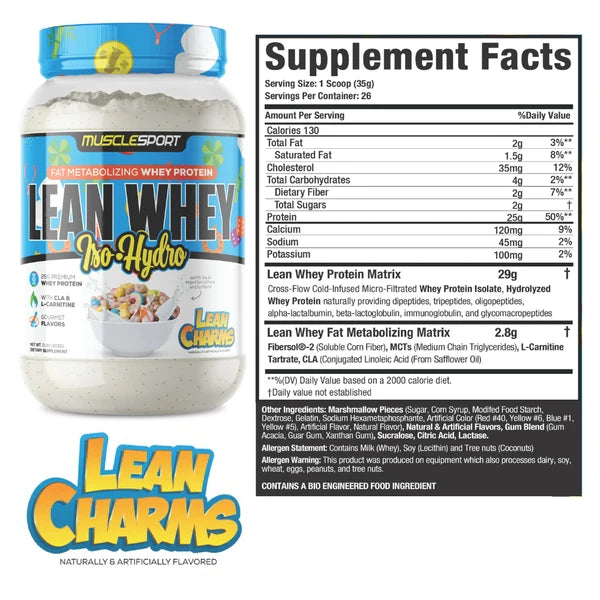 MuscleSport Lean Whey Lean Charms whey isolate protein tub, 26 servings