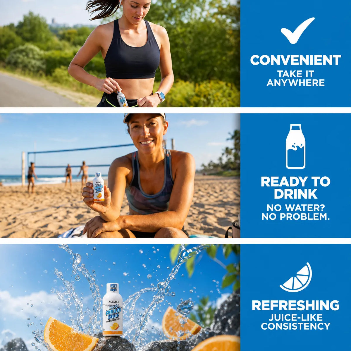 Allmax Isoflex Chiller Protein Shot — lifestyle collage of a runner and beach volleyball players on the go