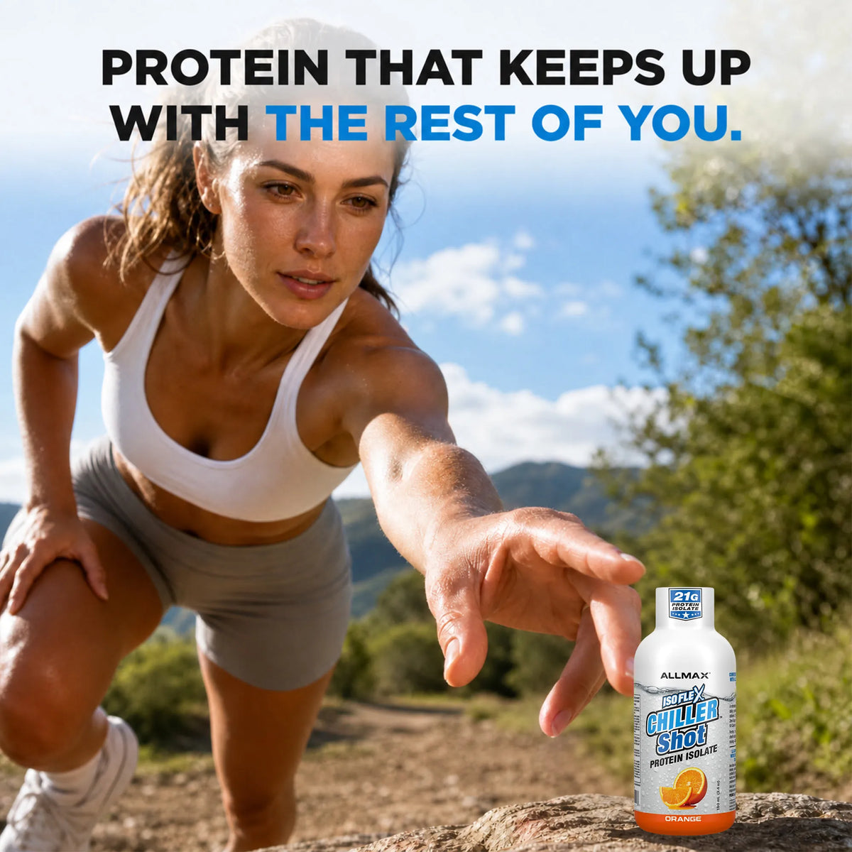 Allmax Isoflex Chiller Protein Shot — woman stretching on an outdoor trail with a 100 ml bottle beside her