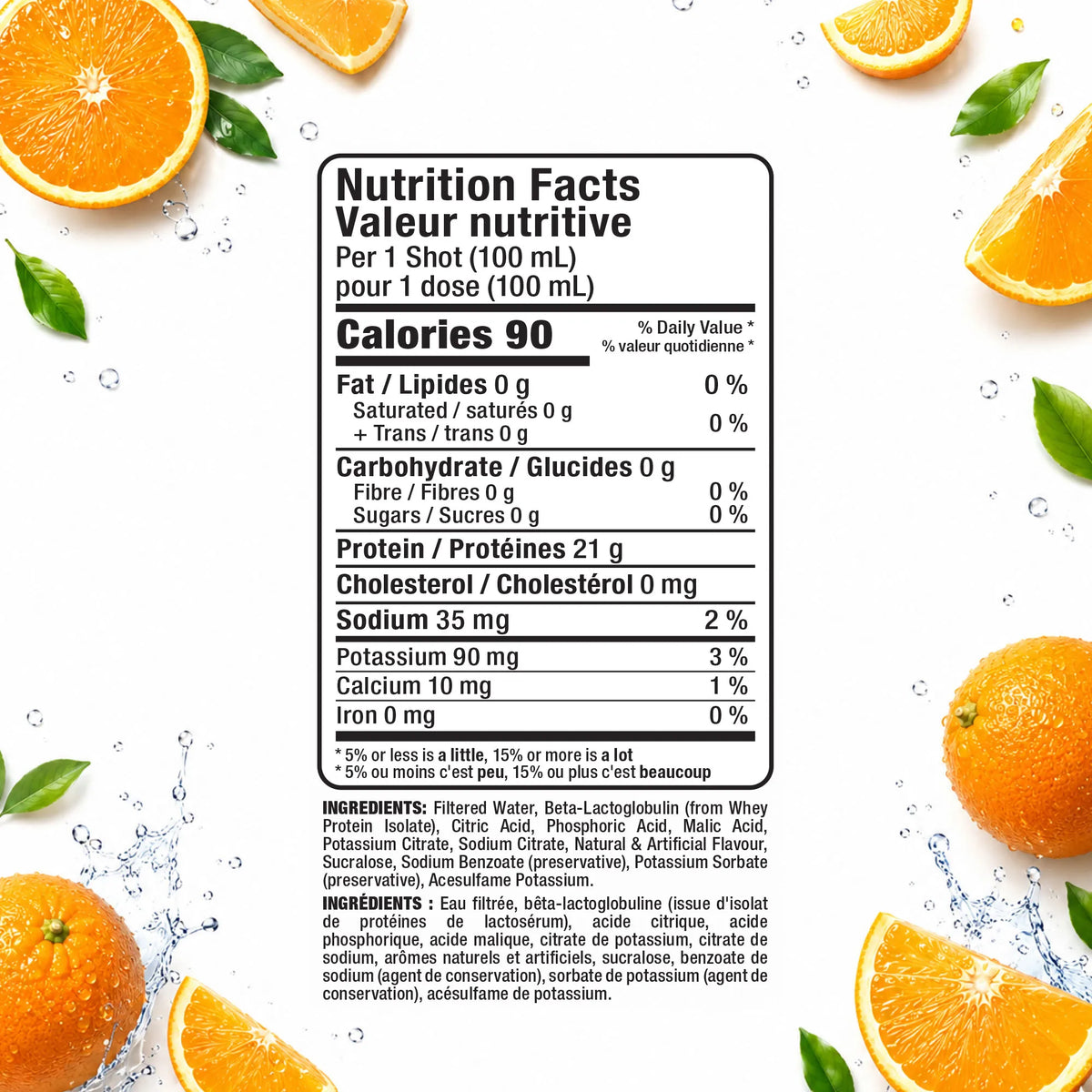 Allmax Isoflex Chiller Protein Shot Orange Nutrition Facts panel and ingredients list, 100 ml shot