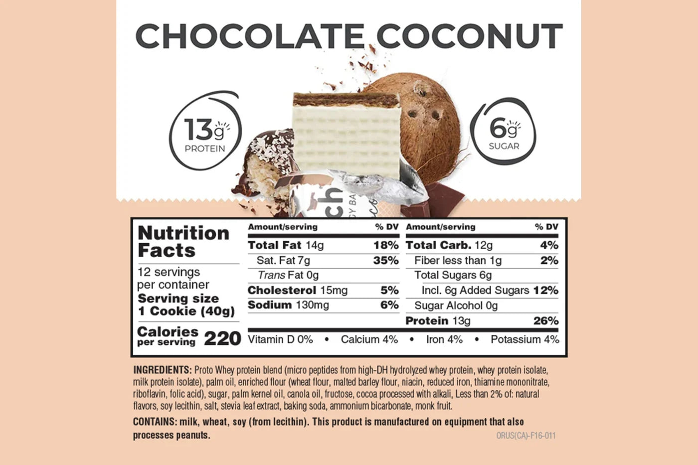 Power Crunch Protein Bar Chocolate Coconut Nutrition Facts label — 13g protein, 6g sugar per bar