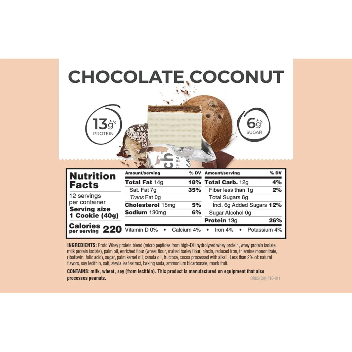 Power Crunch Protein Bar Chocolate Coconut Nutrition Facts label — 13g protein, 6g sugar per bar