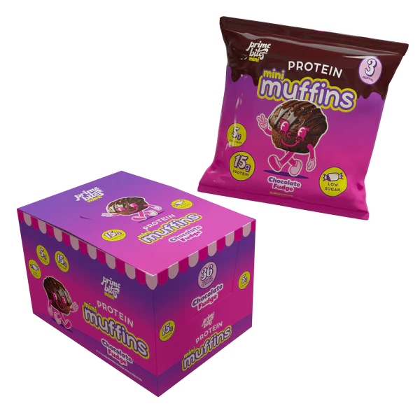 Alpha Prime AP Prime Bites Keto GF Mini Protein Muffins (BOX OF 12 PACKS of 3 mini muffins) — Chocolate fudge front