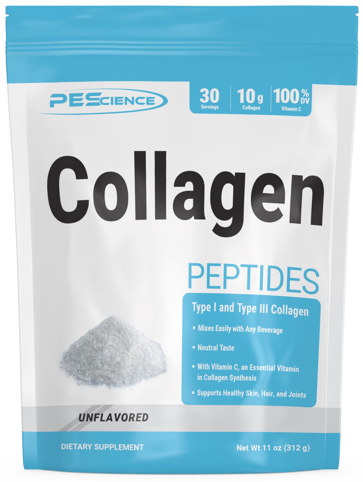 PEScience Collagen Peptides + Vitamin C front of pouch — unflavored, 30 servings, 10 g collagen in Canada