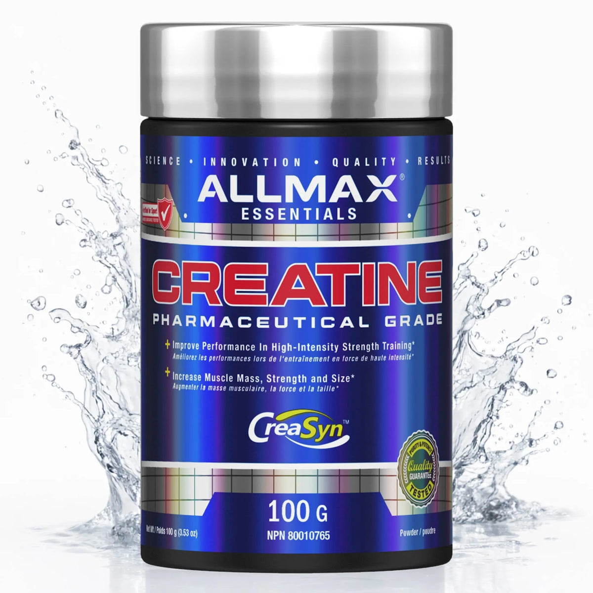 Allmax Essentials Creatine Monohydrate Unflavored — 100 g tub with a water splash on white background